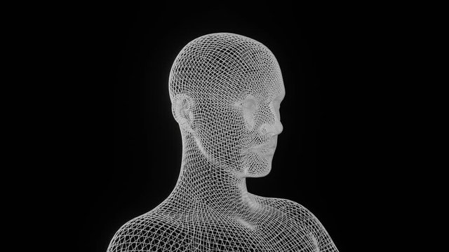 A bust of human - head and shoulders - man or woman in 3D wire-frame is turning on black background - can be superimposed on any image or video using SCREEN BLEND