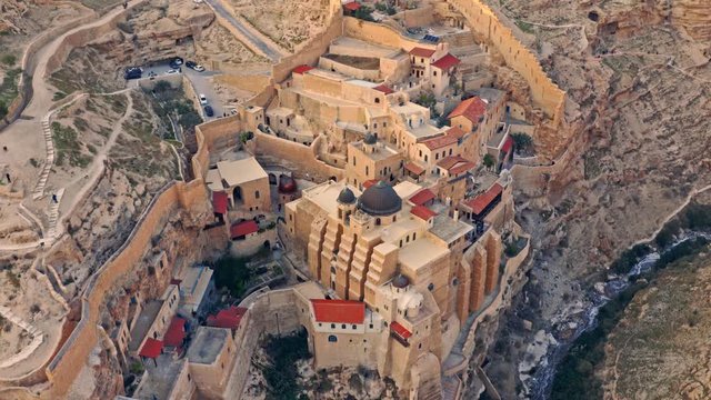 Mara Saba monastery in the southern mountains of Israel, 4k aerial drone view