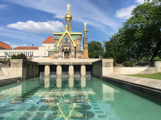 Mathildenhöhe with Russian chapel, Art Nouveau wash basin and exhibition building