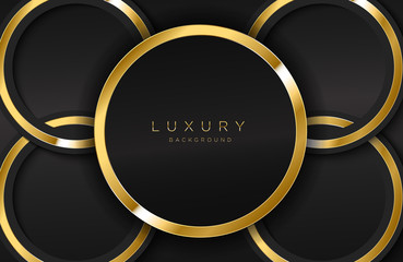 Realistic background with shiny gold ring shape. Vector golden circle shape on black surface Graphic design element. Luxurious Elegant template