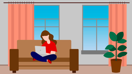 girl woman sitting on a sofa with a laptop working in room a flower growing 