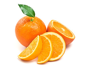 Orange fruit, slices, leaves isolated on white. Juicy healthy vitamin C clean eating food. Organic whole, cut citrus fruits for orange juice, clipping path. Fresh oranges, full depth of field