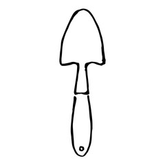 Garden shovel free hand drawing. Black and white illustration.