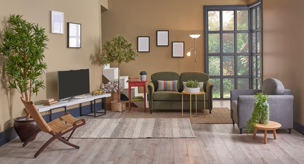 Brown living room style, minimal chair and sofa set, decorative home object and window view.