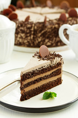 A piece of chocolate cake. Selective focus.