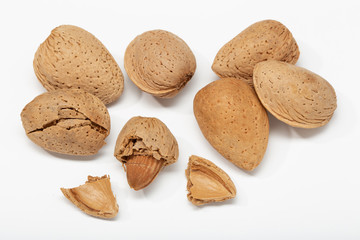 Group of Almond isolated on white background. Prunus dulcis