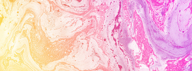 Fototapeta premium Hand painted background for creative design of posters, cards, invitations, banners, websites, wallpapers. Mixed pink and yellow paints on a canvas. Modern artwork. Trendy artistic style.