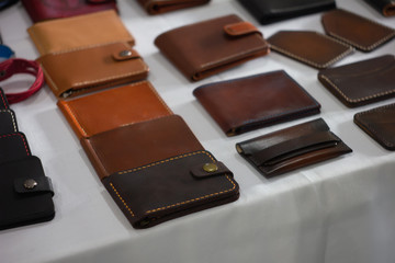 Set of hand made leather man wallet. Leather craft.