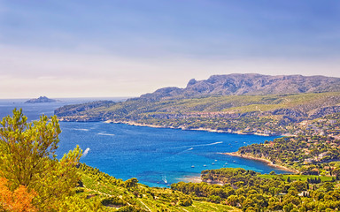 Mediterranean sea bay near Cassis, Provence, Cote d`Azur view from mountains