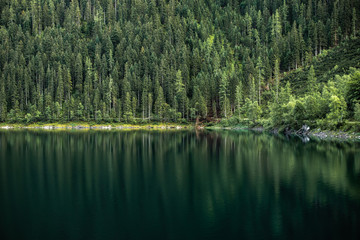 Coniferous green pine forest reflections in crystal and calm deep water of the lake in Austria,Tyrol. Majestic nature landscape.