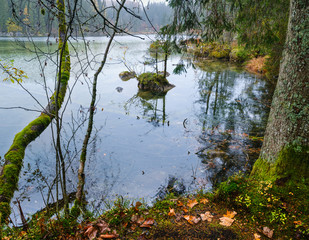 Mountain alpine autumn lake Hintersee, Berchtesgaden national park, Deutschland, Alps, Bavaria, Germany.