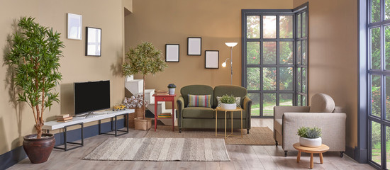 Brown living room style, minimal chair and sofa set, decorative home object and window view.