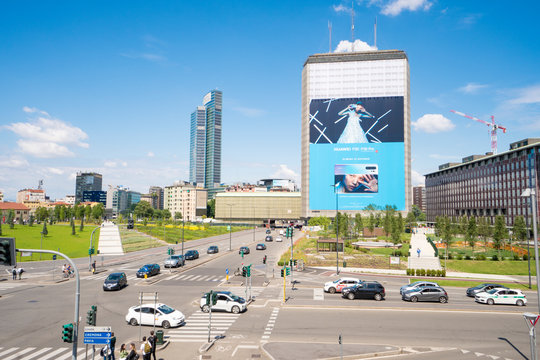 Giant advertising billboard for the promotion of the P30 and P30 Plus, the new smartphones from Huawei in Milan, Italy - May 26, 2019