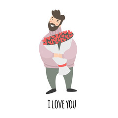 Happy Valentines Day cute man with flowers.  Guy in love with bouquet on a white background. Valentine's Day card, vector illustration. Vector design concept for Valentines Day 