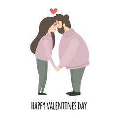 Happy Valentines Day, kissing couple of young lovers. Guy gonna kiss his girlfriend on Valentine's Day. Kissing couple on a white background. Vector illustration for use in a banner, 