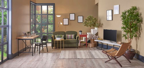 Brown living room style, minimal chair and sofa set, decorative home object and window view.
