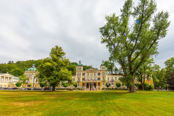 View on the central park and historic reception hall of the Czech spa town Marienbad in summer
