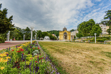 View on historic Kolonada building in the Czech spa town Marienbad in summer