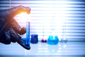 Fototapeta premium Lab employee in black medical gloves holds a test tube with a blue liquid.Virus, epidemic, and quarantine.