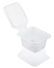 Empty open transparent plastic food container