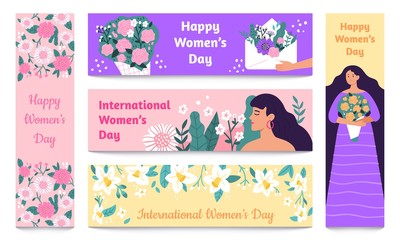 March 8 banners. International Womens Day, Happy woman with flowers banner vector set. Collection of decorative templates with handwritten wishes, girls with bouquets for event advertisement, promo.