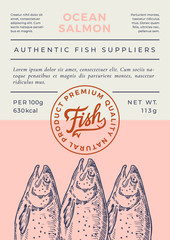 Ocean Fish Abstract Vector Packaging Design or Label. Modern Typography Banner, Hand Drawn Salmon Silhouette with Lettering Logo Stamp. Color Paper Background Layout.