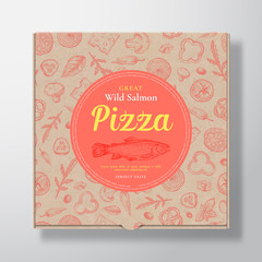 Salmon Fish Pizza Realistic Cardboard Box. Abstract Vector Packaging Design or Label. Modern Typography, Sketch Seamless Pattern of Cheese, Tomato, Sausages. Craft Paper Background Layout.