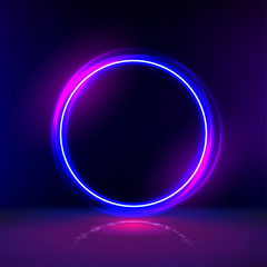 Vector neon glowing ring in dark room. Round light frame for text. Dark abstract furistic background with circle gate. Portal to another universe.