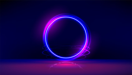 Dark abstract furistic background with circle gate. Vector neon glowing ring in dark room. Round light frame for text. Portal to another universe. - obrazy, fototapety, plakaty