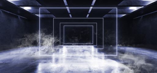 Smoke Neon Glowing Fluorescent Blue Laser Lights Stage Stadium Studio Hallway Tunnel Corridor Concrete Grunge Alien Modern Empty Futuristic Sci Fi 3D Rendering