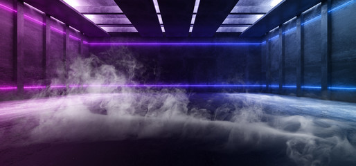 Smoke Neon Glowing Fluorescent Purple Blue Laser Lights Stage Stadium Studio Hallway Tunnel Corridor Concrete Grunge Alien Modern Empty Futuristic Sci Fi 3D Rendering