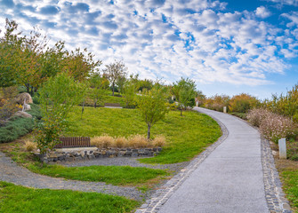 A beautiful park on a hill. A small road goes up to the hill. Few fleecy clouds in the sky and the roadside is bright with flowers.