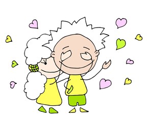 Happy Valentine's Day. Cute hand drawn Girl closed his eyes with her palms isolated on a hearts background. Vector illustration.