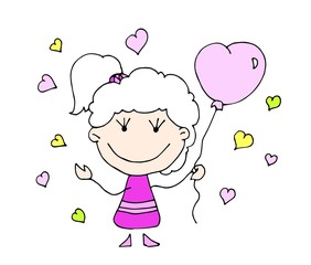 Happy Valentine's Day. Cute hand drawn Girl with a heart balloon isolated on a hearts background. Vector illustration.