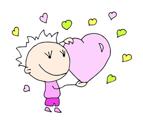 Valentine's Day. Cute hand drawn Boy with big heart isolated on a hearts background. Vector illustration.