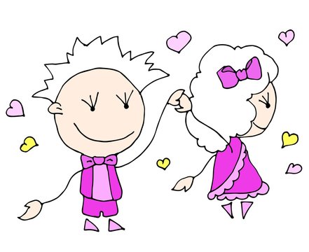 Happy Valentine's Day. Cute hand drawn Girl and Boy are dancing isolated on a hearts background. Vector illustration.  valentine's day, love, heart, girl, boy, 14 february, flower, kids, cute, paintin