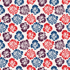 Cotton fabric A seamless vector pattern with red, blue and purple flowers on a white background. Decorative surface print design.