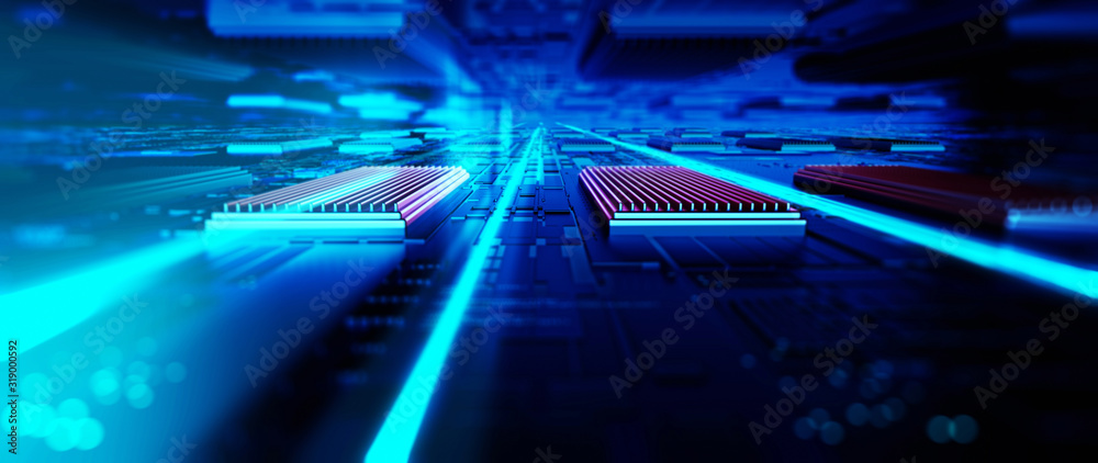 Poster  Abstract server circuit board processes requests for code. Data moves in the form of moving lines. The movement and processing of data inside a server or computer. 3d rendering