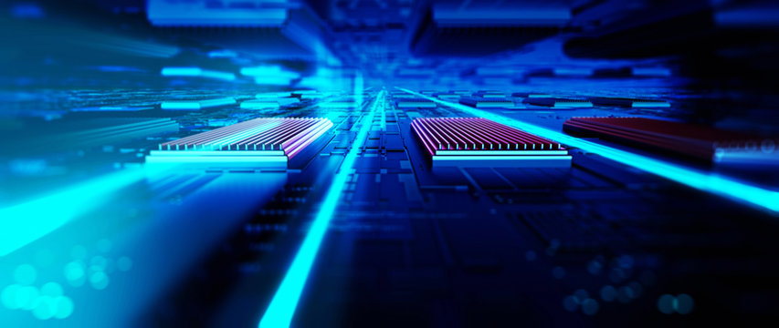  Abstract server circuit board processes requests for code. Data moves in the form of moving lines. The movement and processing of data inside a server or computer. 3d rendering