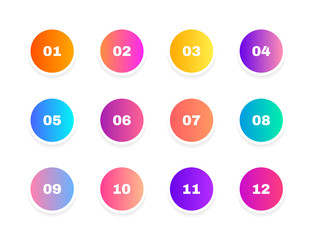 Super set bullet point on white background. Colorful gradient markers with number from 1 to 12. Modern vector illustration