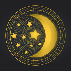 Vector occult moon with stars in masonic circle. Occultism