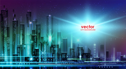 Night city illustration with neon glow and vivid colors. illustration with architecture, skyscrapers, megapolis, buildings, downtown.