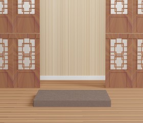 Obraz premium Wooden modern Japan traditional scene for show product. Fashion show stage, shopfront.