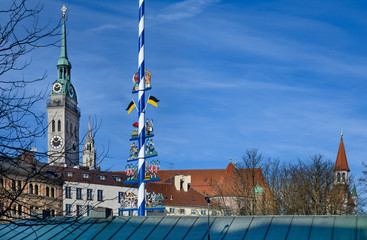View of Viktualienmarkt a  in the center of Munich near Marienplatz.