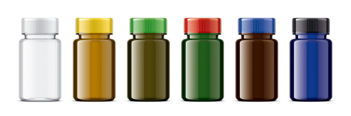 Set of Colored bottles for pills. Glossy transparent version. 