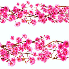 Naklejka premium Watercolor sakura japan cherry branch . Blooming flowers. Spring pink design wallpaper, poster, background, cover, fabric, textile.