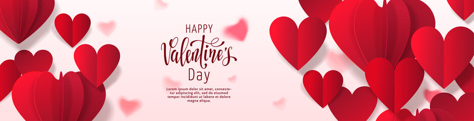 Vector horizontal template for banner of Valentine’s Day celebration with text and red realistic 3D paper hearts. Holiday romantic pink background with blurred hearts.