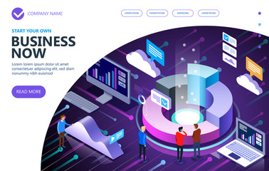 Business isometric people working together and developing a successful business strategy. Marketing and finance vector isometric concept. Vector illustration