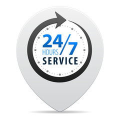 Service and support for customers around the clock or 24 hours a day and 7 days a week symbol on map pin icon isolated on white background. Vector illustration