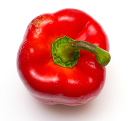 One bright red raw bell pepper with green tail on a white isolated background close-up